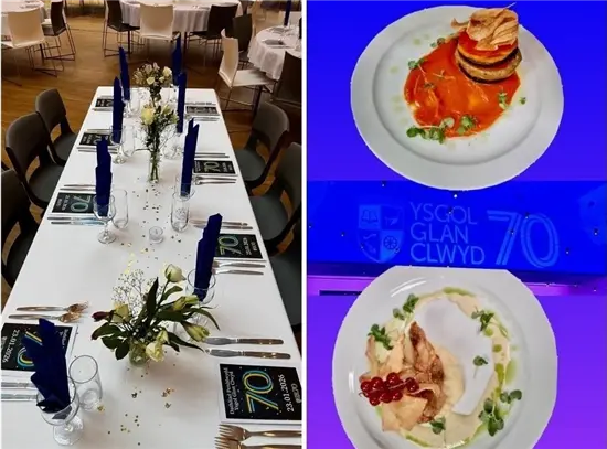 70th anniversary celebration table for a black tie event at Ysgol Glan Clwyd
