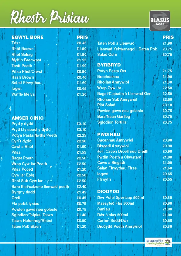 A4 TARIFF WELSH Denbighshire County Council Secondary Tariff Welsh Menu